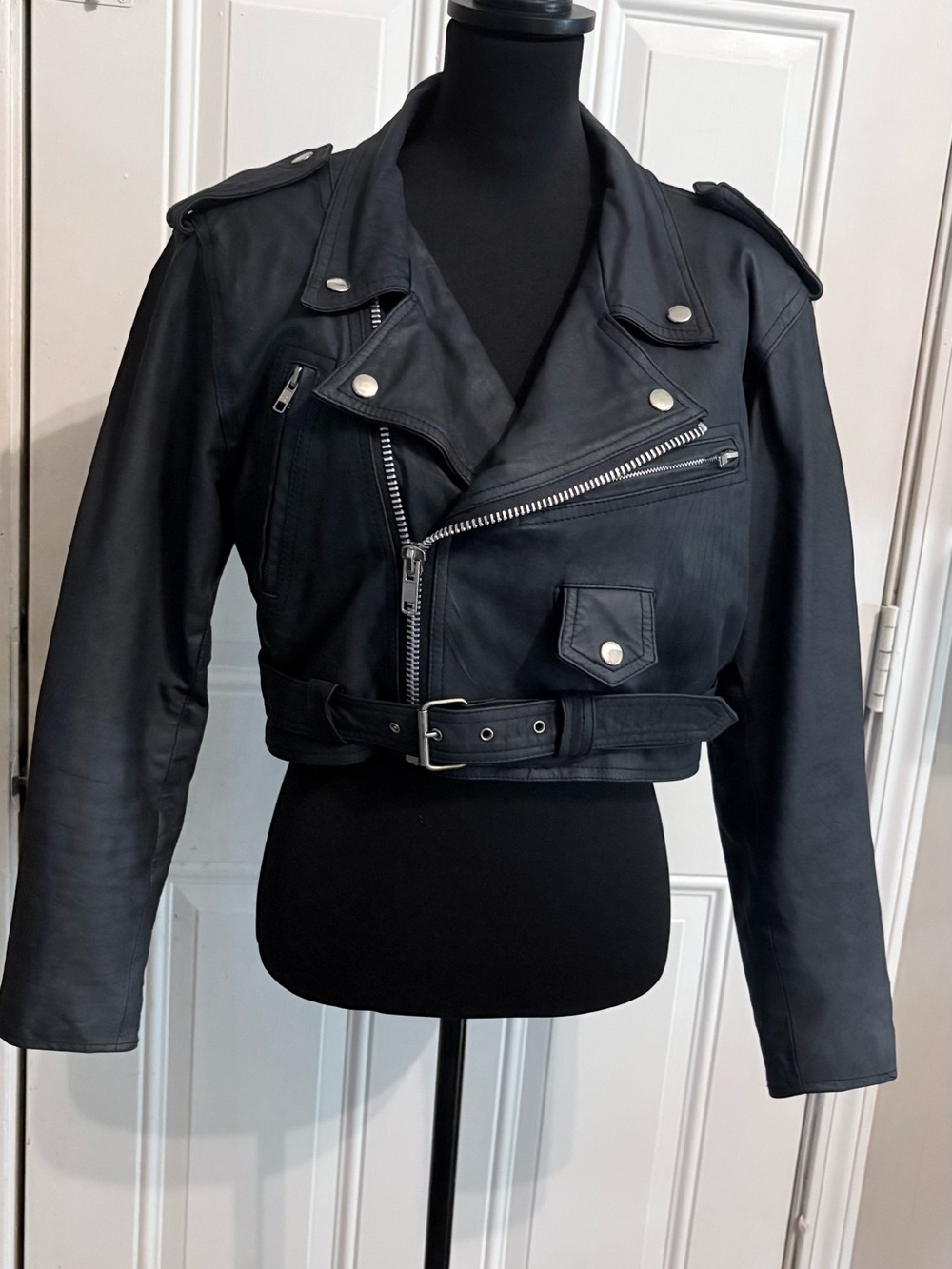 Workshop Republic Clothing Black Cropped Biker Leather Jacket
